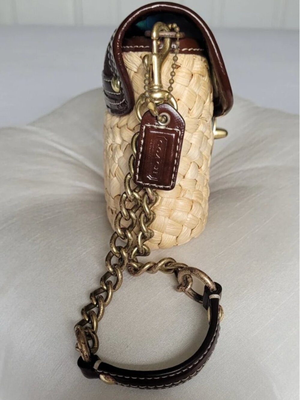 727 Coach Straw Summertime Turnlock Wristlet Clutch Brown Brass Raffia Vintage - Picture 7 of 12